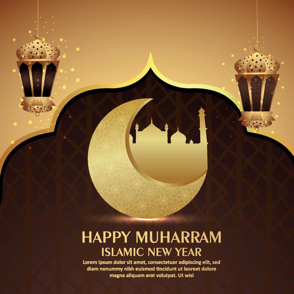 Diseño de tarjeta de invitación de año nuevo islámico con fondo de patrón con linterna dorada vector