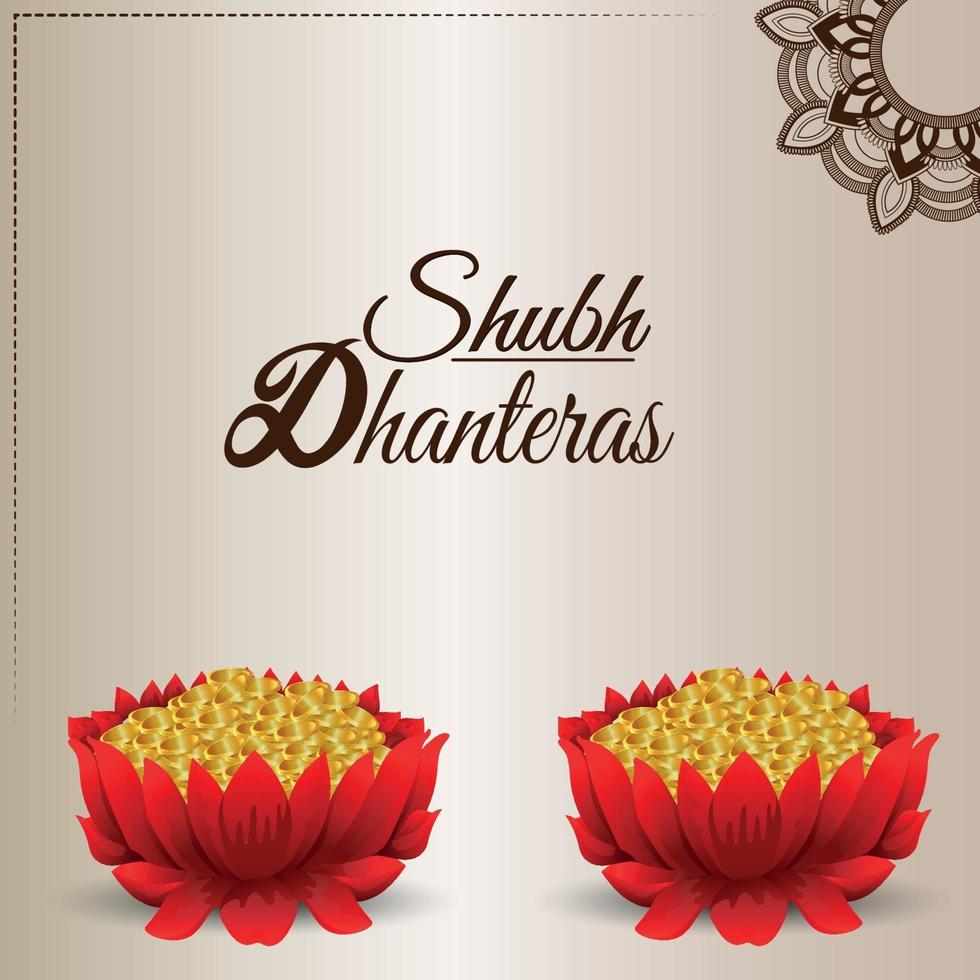 Shubh dhanteras celebration indian festival  with gold coin lotus flower on creative background vector