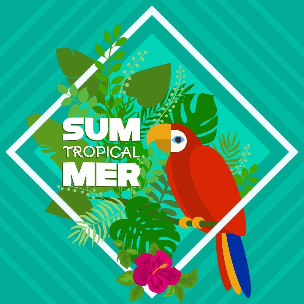 Banner tropical de verano con guacamayos y hojas. vector