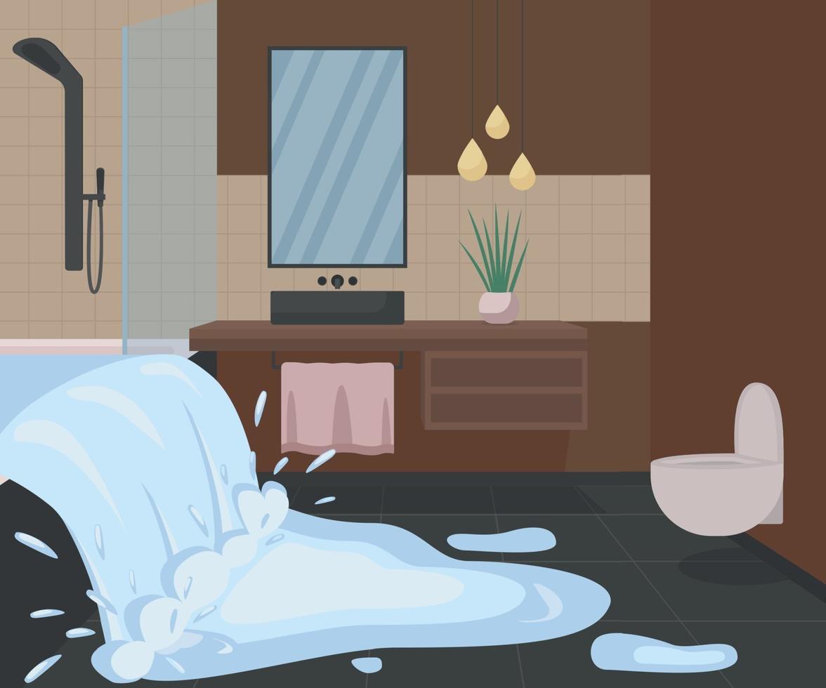 Bathroom flooding with water flat color vector illustration