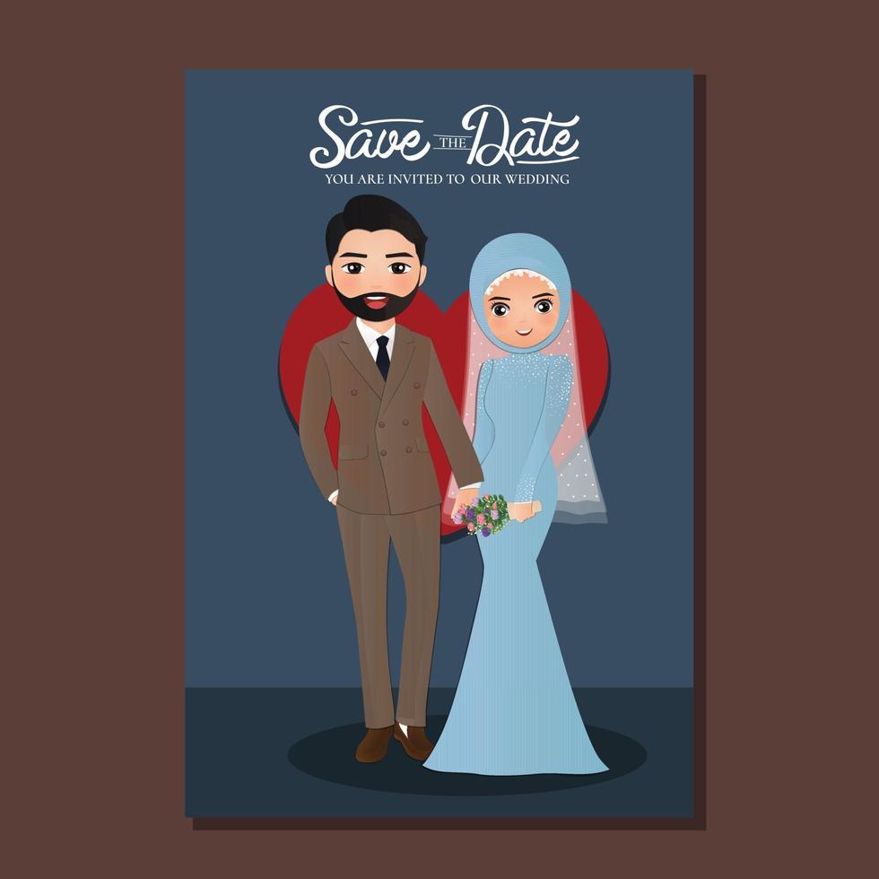 Wedding invitation card the bride and groom muslim couple cartoon holding  hands 2368246 Vector Art at Vecteezy