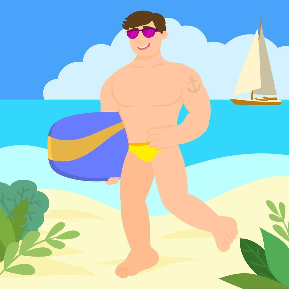 Young surfer man at the beach holding a surfboard vector