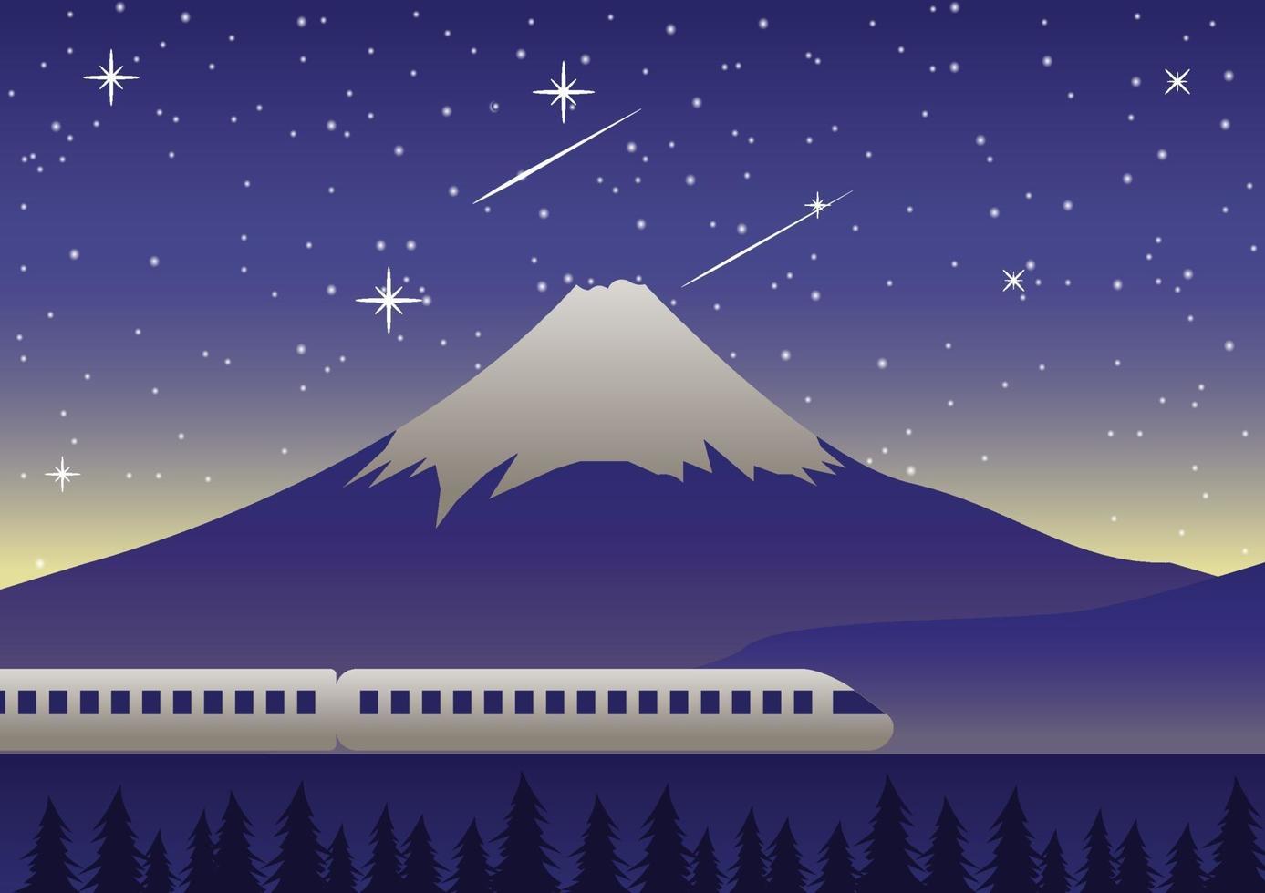 train runs past Mount Fuji at night vector