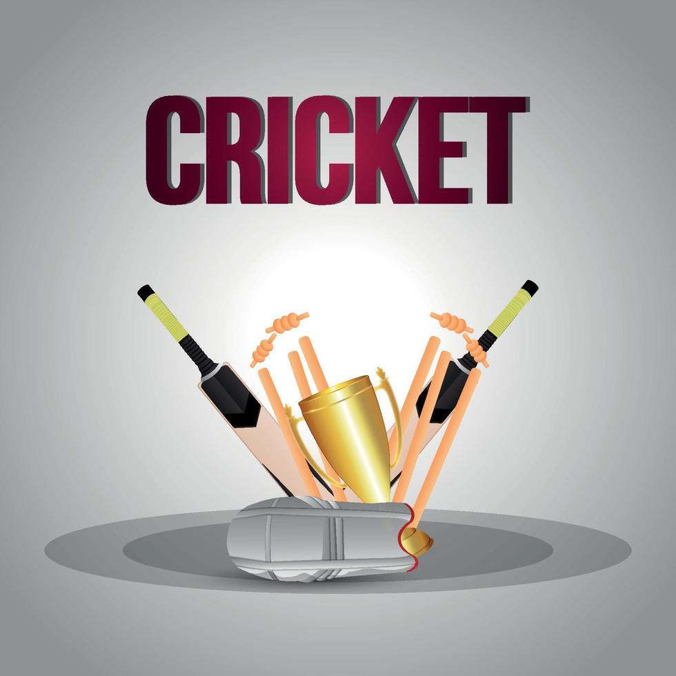 Cricket championship background with gold trophy, bats with wicket vector
