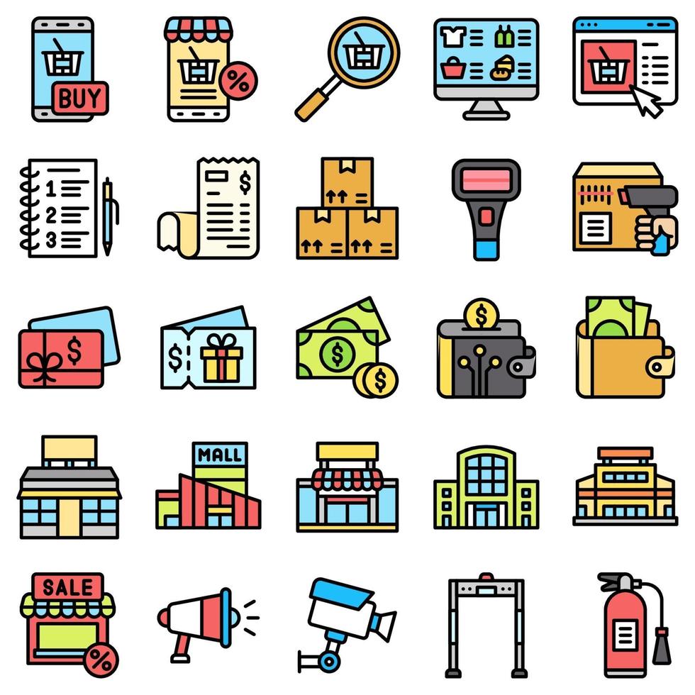 Supermarket and Shopping mall related icon set 8, fiiled style vector