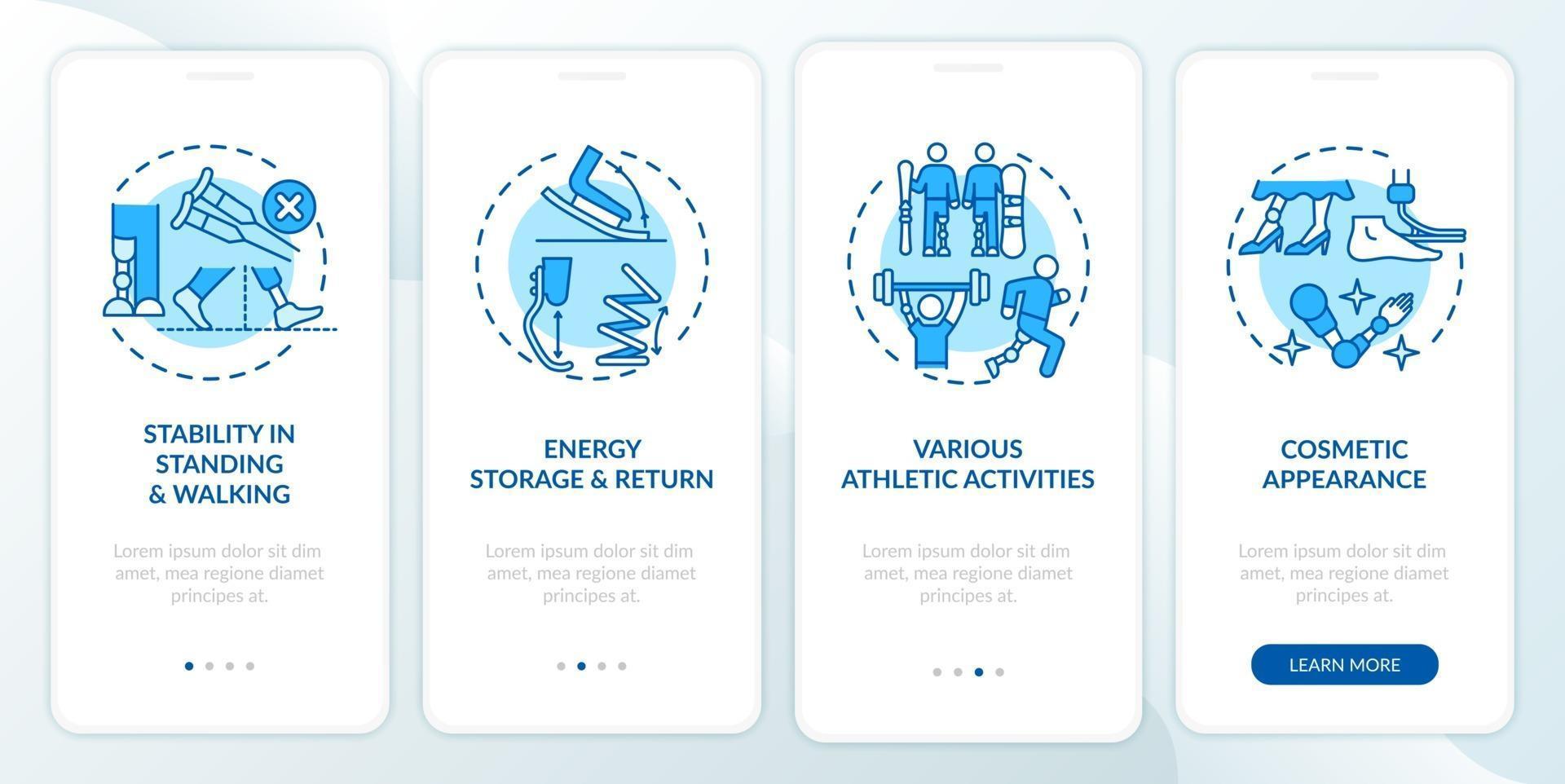 Lower limb prostheses tasks onboarding mobile app page screen with concepts vector