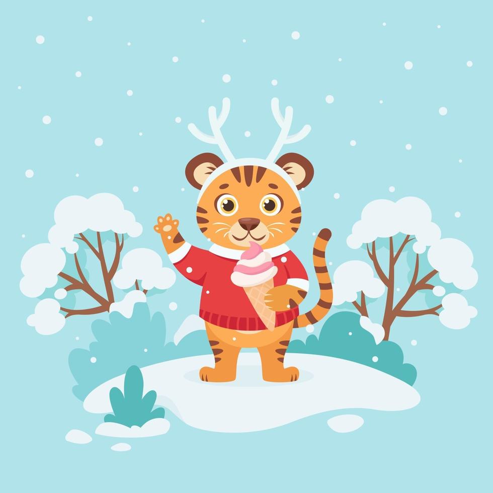 Cute tiger in a sweater with ice cream wishes a Merry Christmas and Happy New Year 2022 on winter background. Year of the tiger. Vector illustration