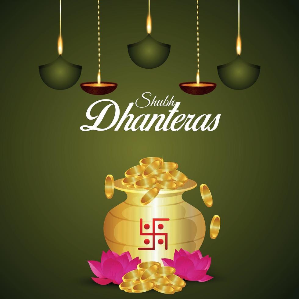 Happy dhanteras celebration background with creative illustration of gold coin pot and lotus flower vector