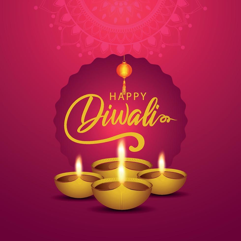 Diwali festival of light on pink background with diwali diya vector