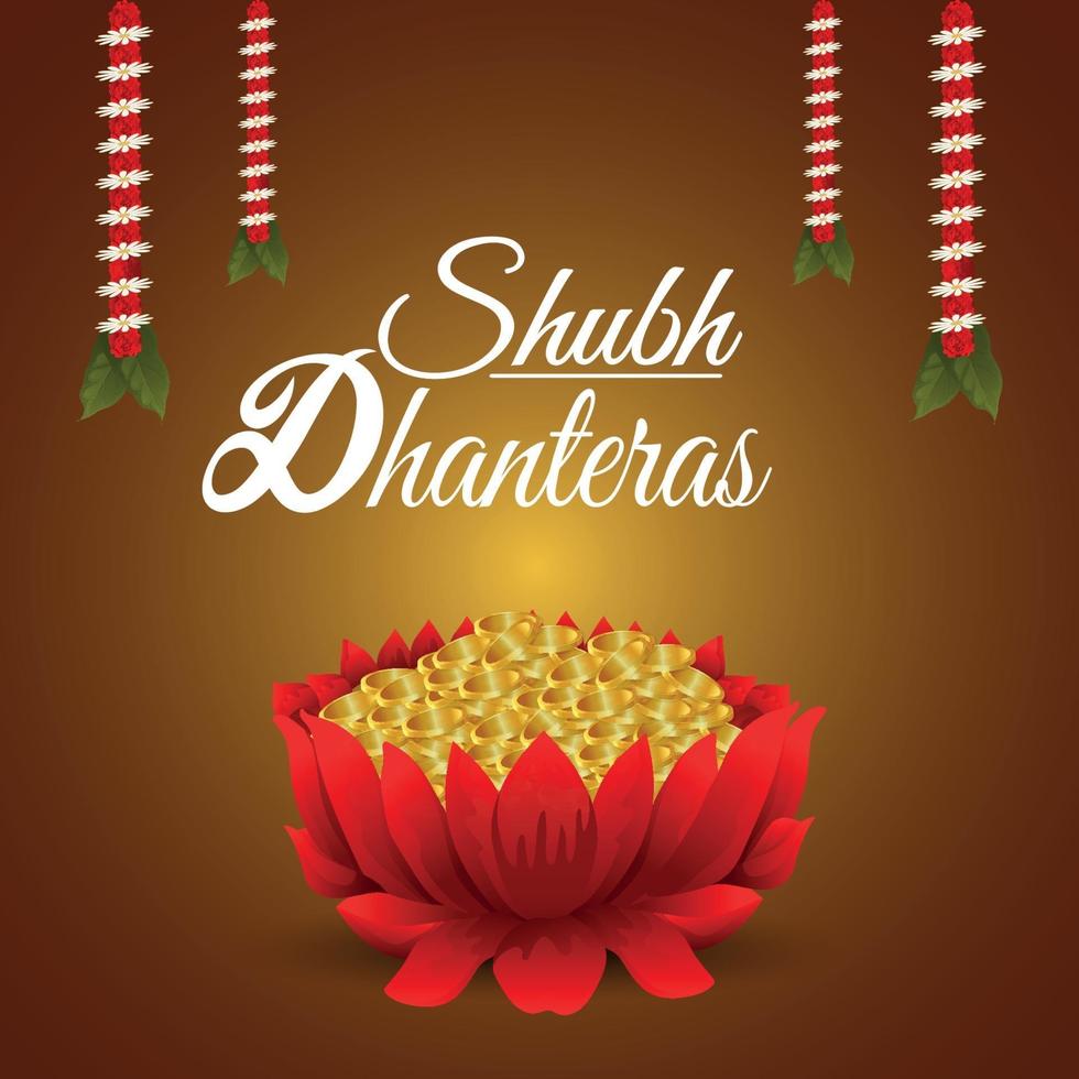 shubh dhanteras celebración festival indio con moneda de oro flor de loto sobre fondo creativo vector