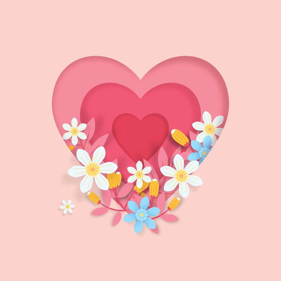 3D paper style heart shape with flowers vector