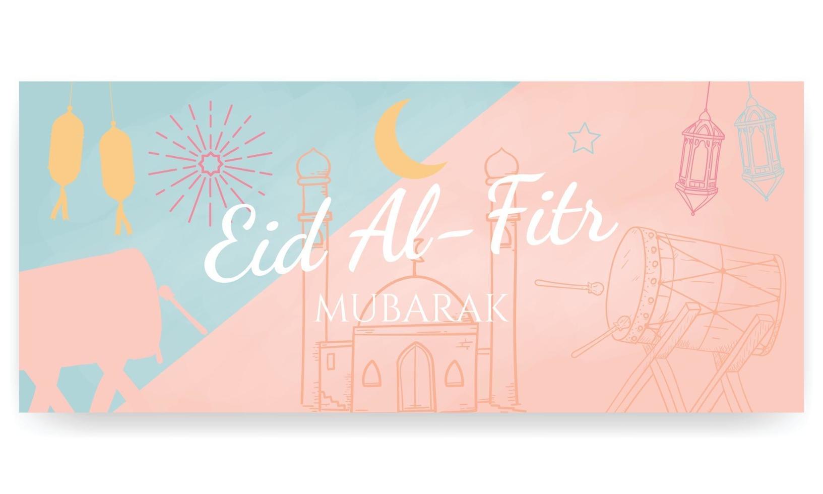 eid al fitr mubarak, pintado a mano en colores pastel. estilo doodle. cartel horizontal, tarjeta de felicitación, encabezado para sitio web vector