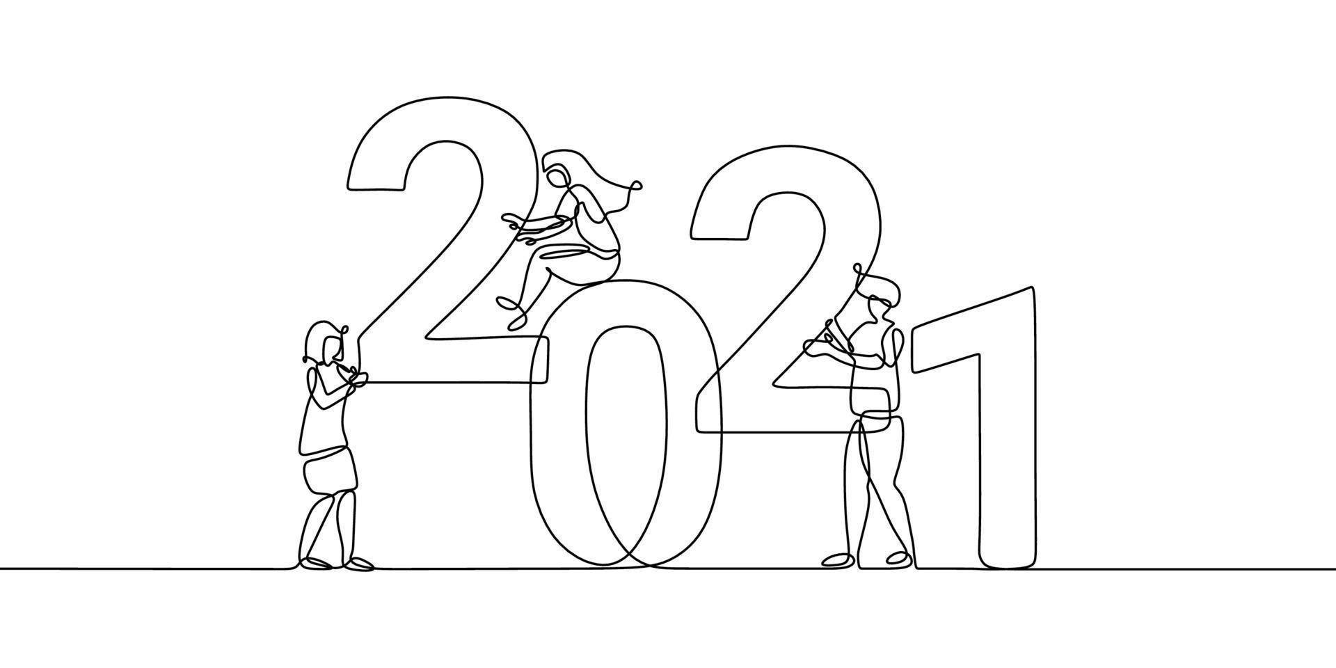 dibujo continuo de una línea de un texto de año nuevo 2021. año nuevo chino del toro 2021 letras escritas a mano con hombre y mujer. celebración concepto de año nuevo aislado sobre fondo blanco. vector