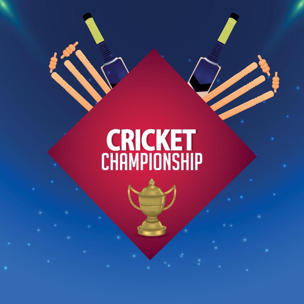 Cricket championship stadium background with cricket trophy and bat and wicket vector