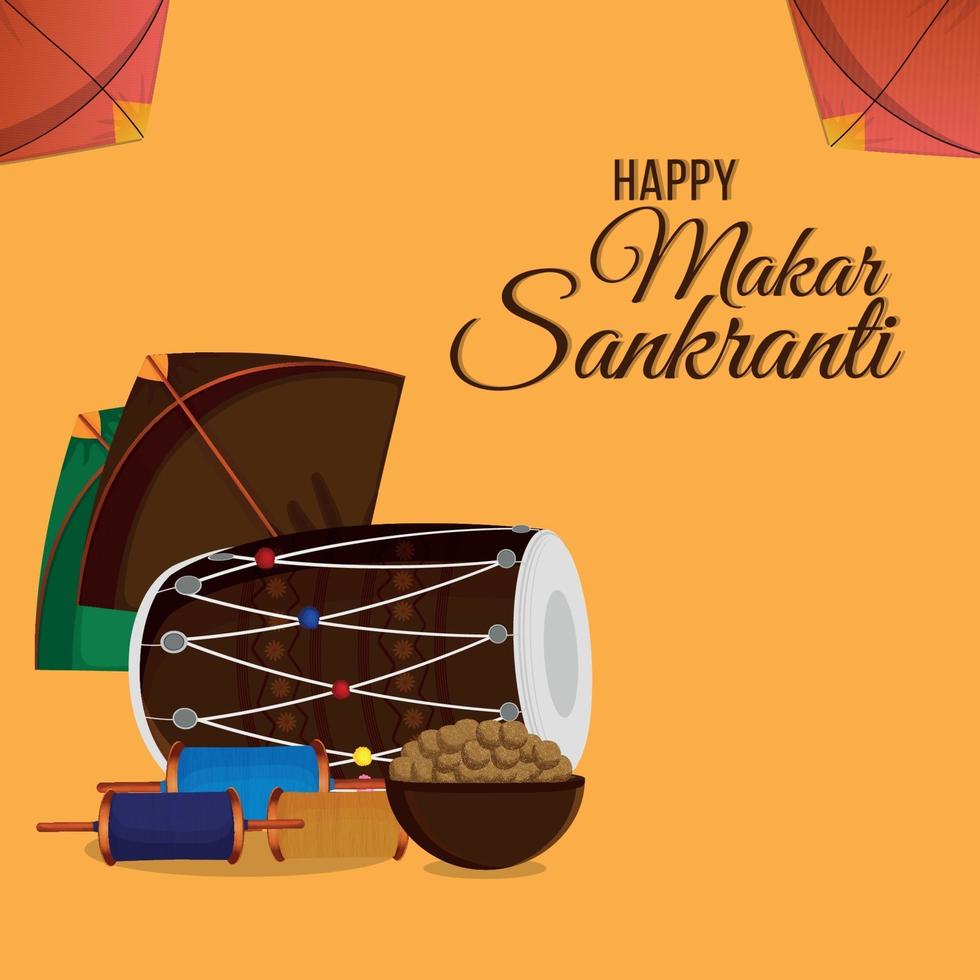 Makar sankranti creative poster with colorful kites and drum vector