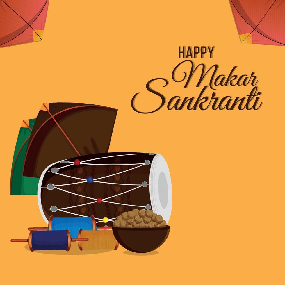 cartel creativo de makar sankranti con cometas de colores y tambor vector