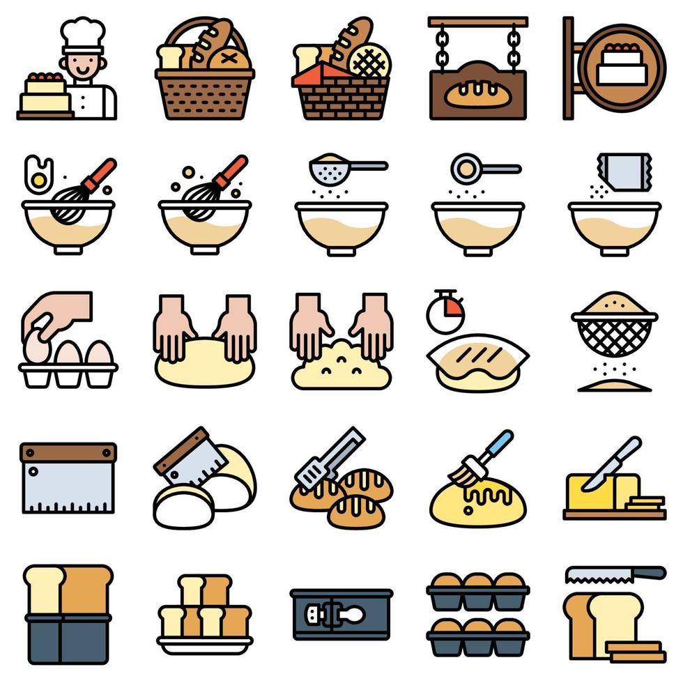 panadería y horneado relacionados con el conjunto de iconos llenos 2 vector