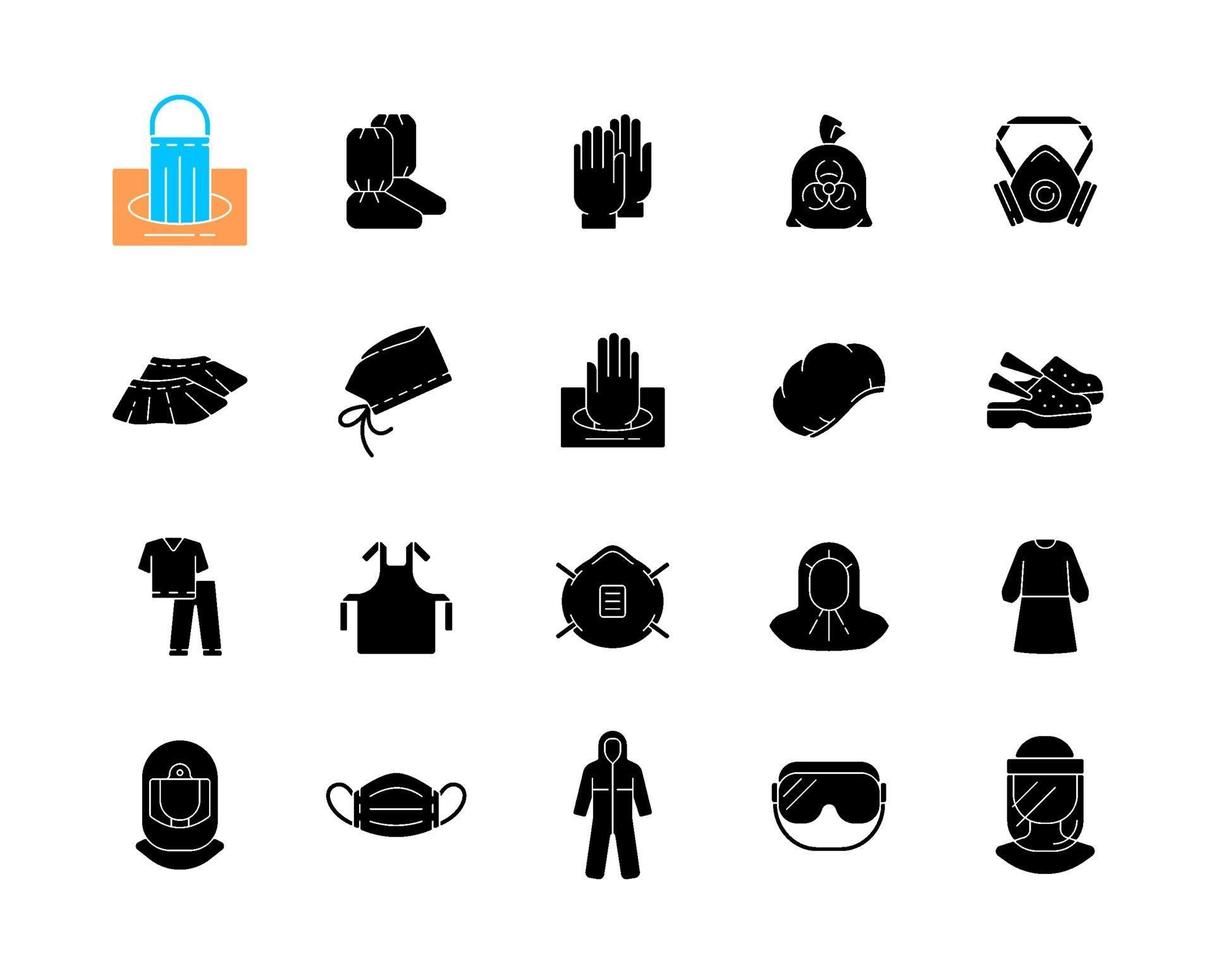 Medical PPE black glyph icons set on white space vector