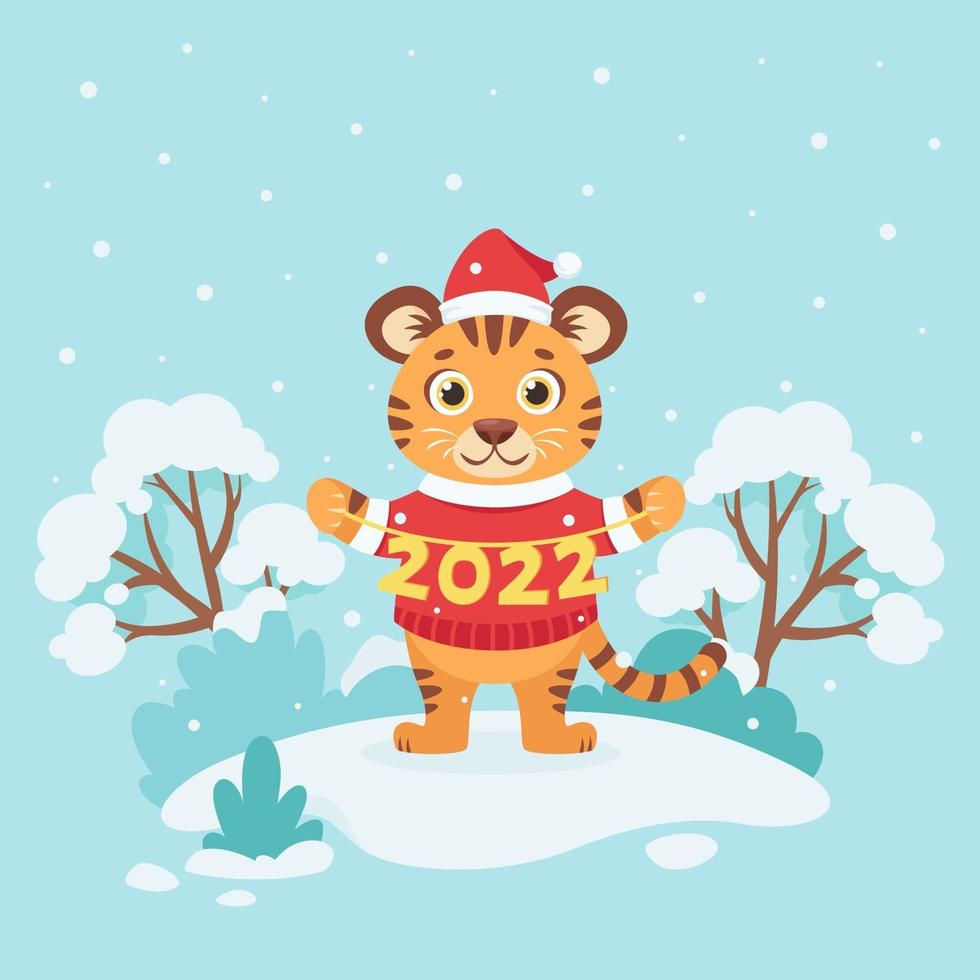 Cute tiger in a sweater wishes a Merry Christmas and Happy New Year 2022 on winter background. Year of the tiger. Vector illustration