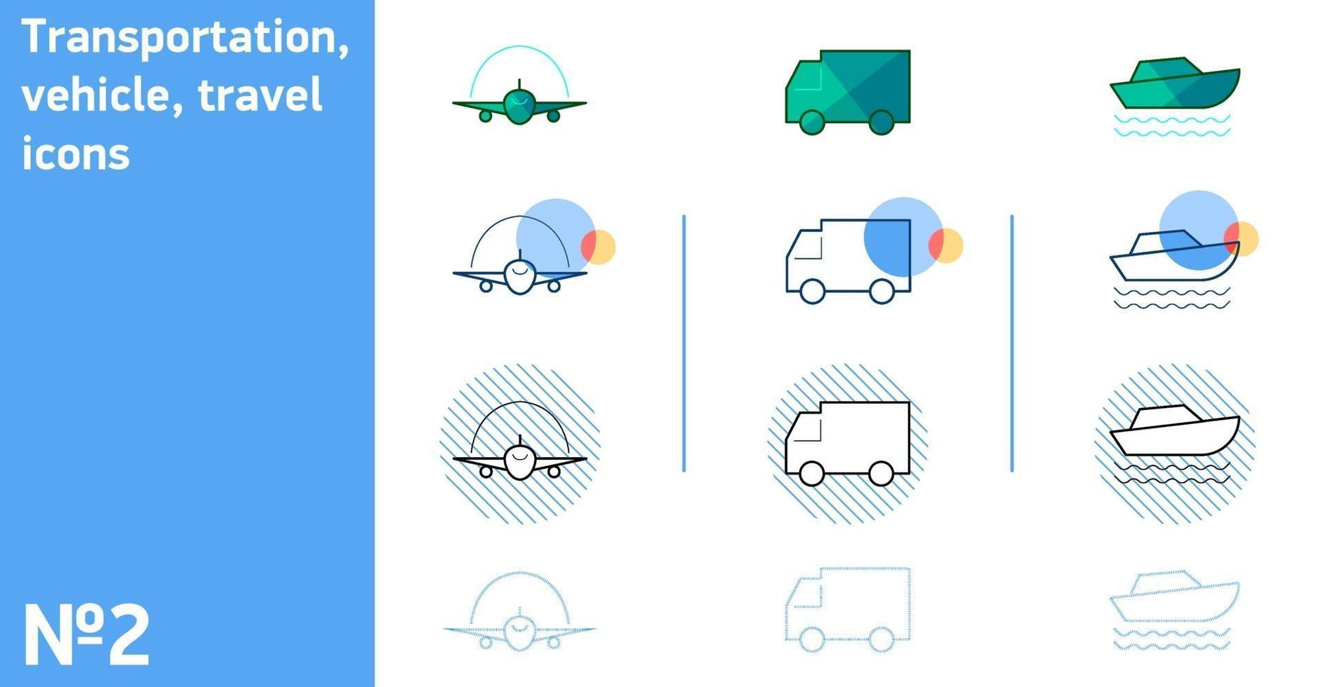 This is a set of icons of an airplane and a truck and a yacht in a different style vector