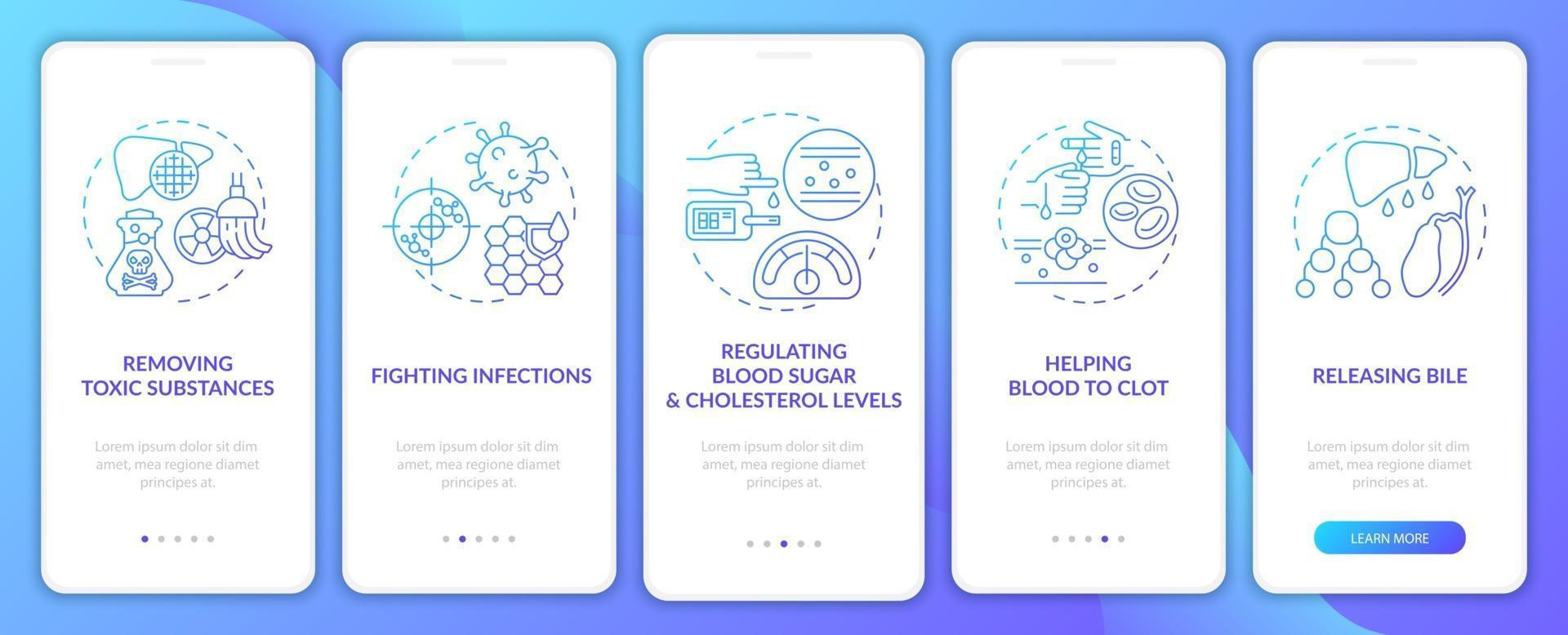 Liver responsibilities onboarding mobile app page screen with concepts vector