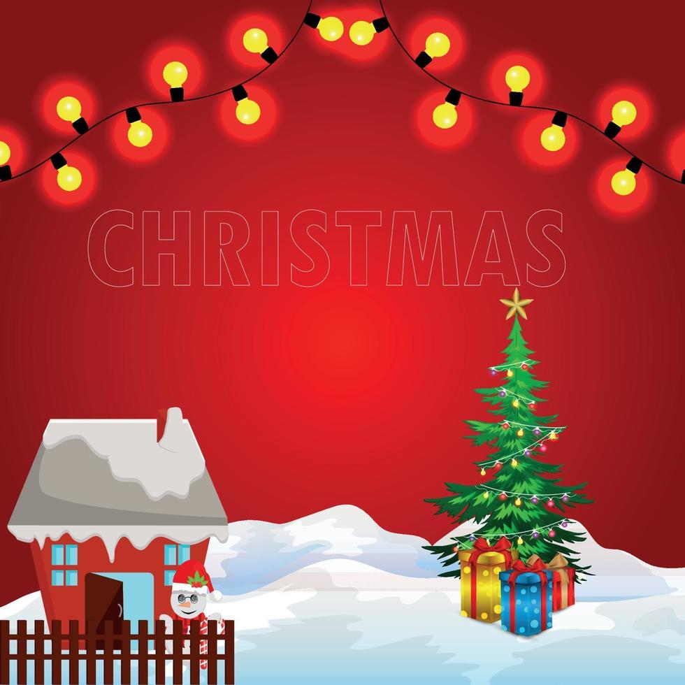 Christmas celebration greeting card with ice background with gifts on red background vector