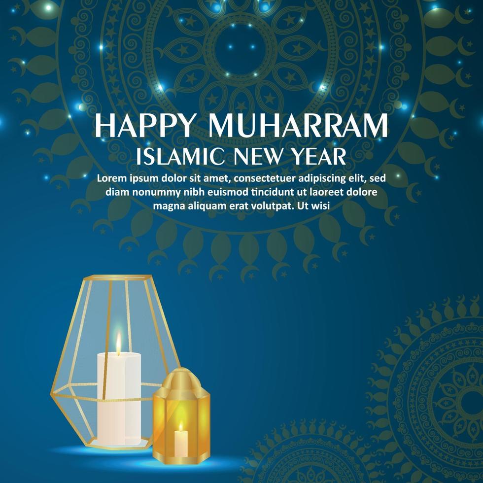Festival islámico feliz tarjeta de felicitación de invitación muharram con linterna de cristal sobre fondo de patrón vector