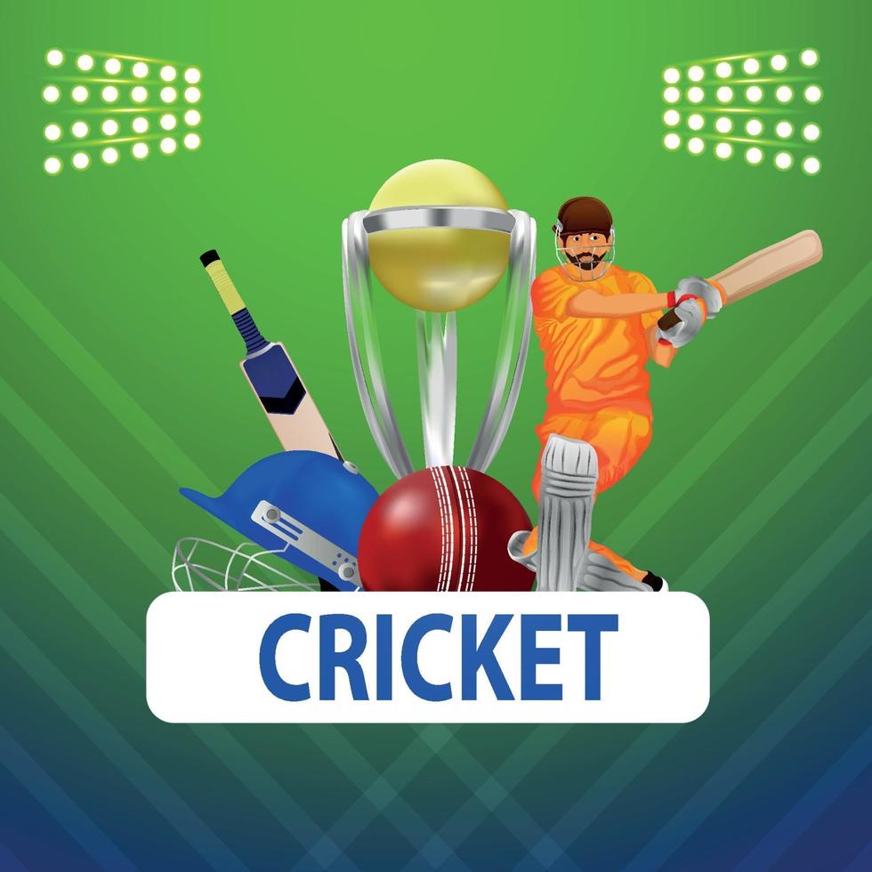 Ilustración de vector de campeonato de cricket en vivo con jugador de cricket con equipo de cricket