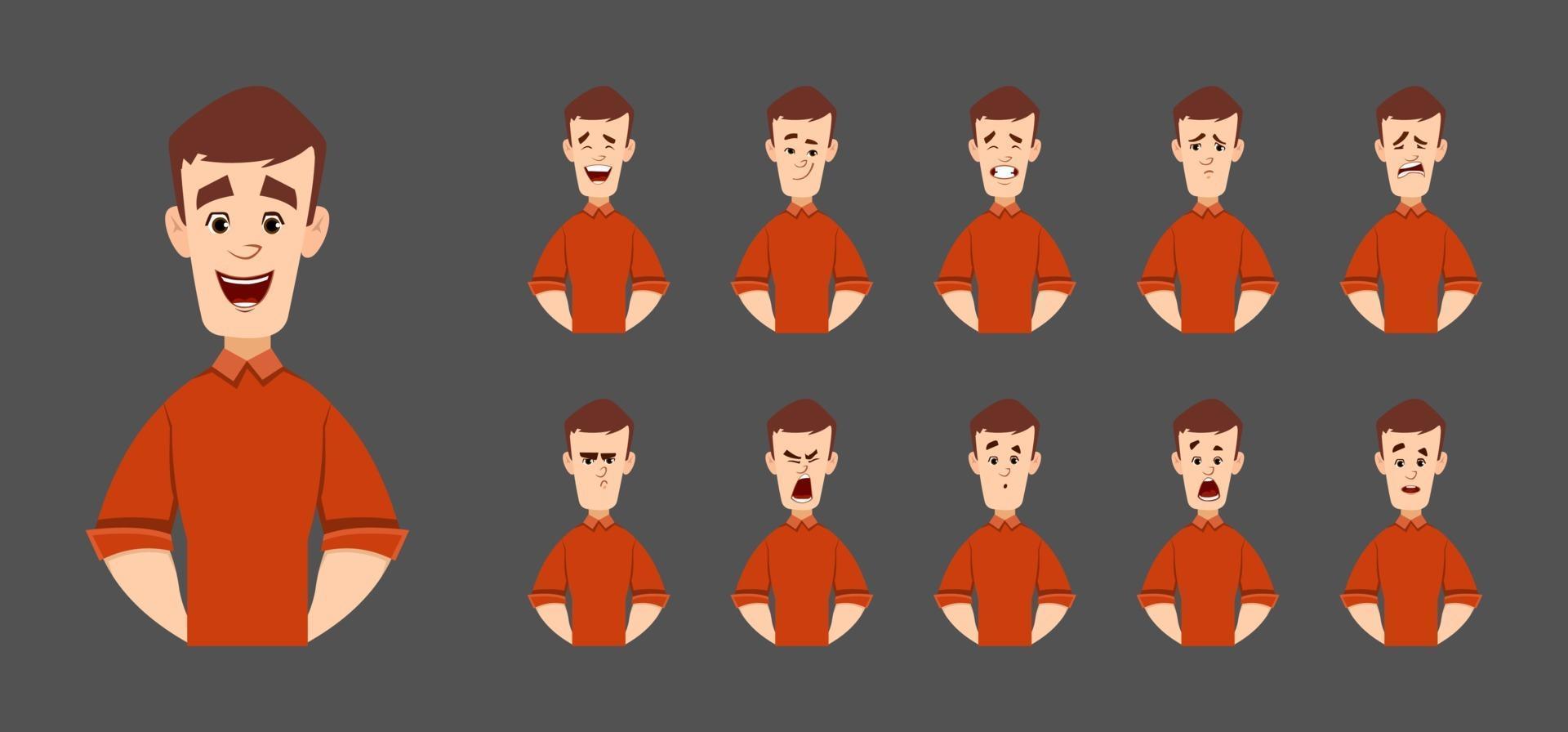 handsome man character with various facial emotions and expression. character for custom animation. vector