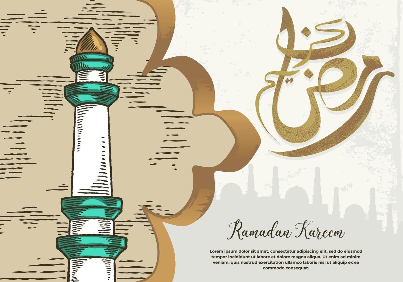 tarjeta de felicitación de ramadan kareem con torre de mezquita blanca verde vector