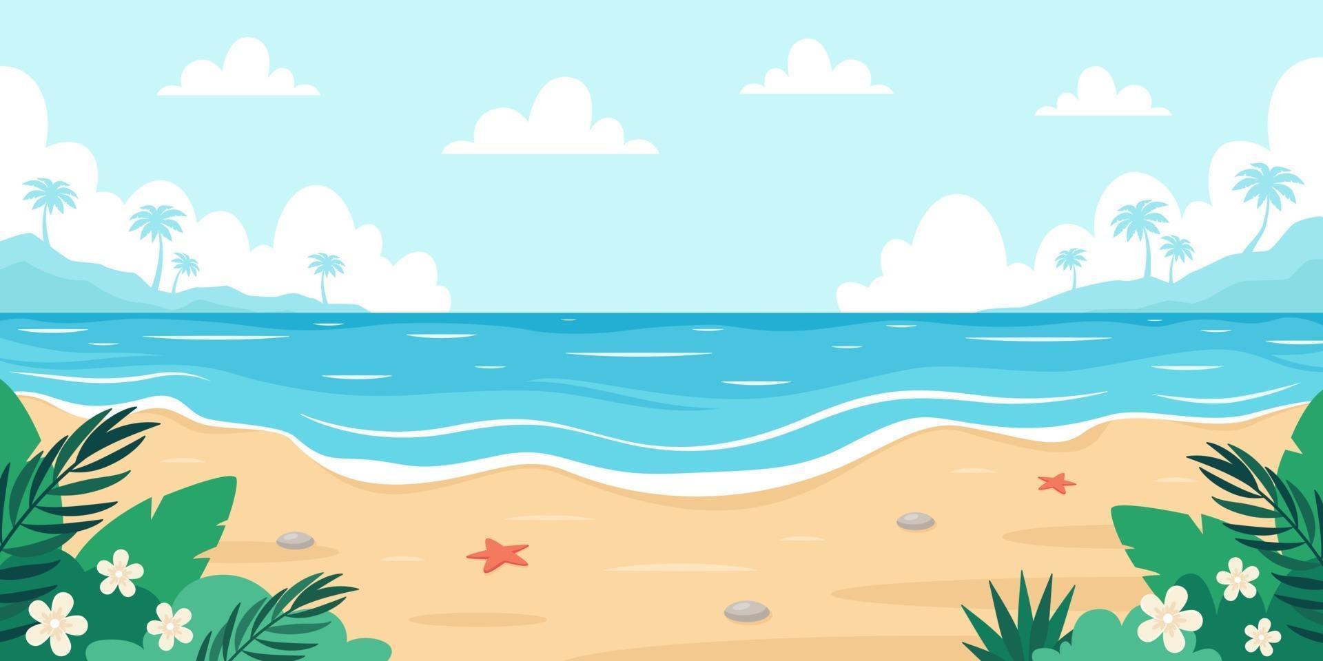 paisaje de playa. orilla del mar con estrella de mar, palmeras, guijarros de mar y plantas tropicales. ilustración vectorial vector