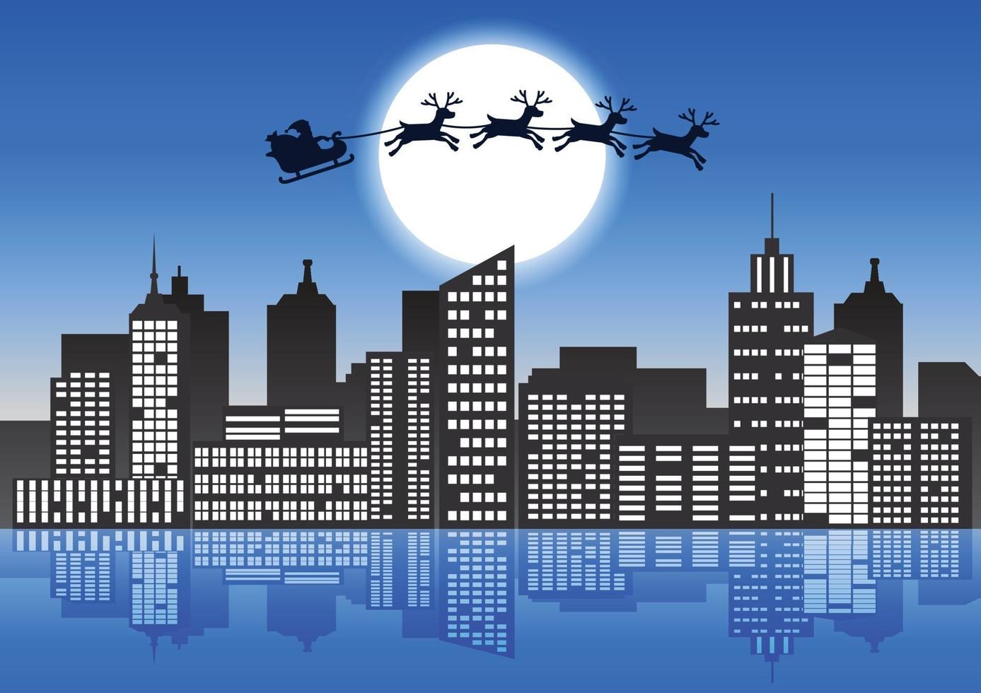 Santa Claus and reindeer fly over city vector