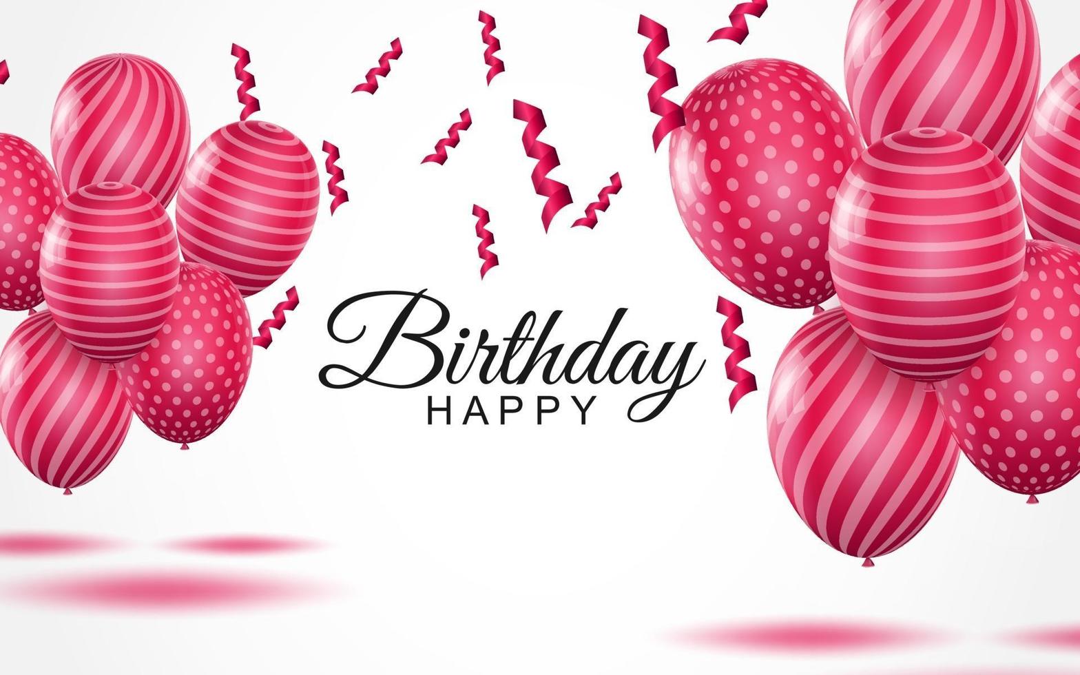 Happy birthday greeting card striped pink air balloons and falling confetti on white background vector