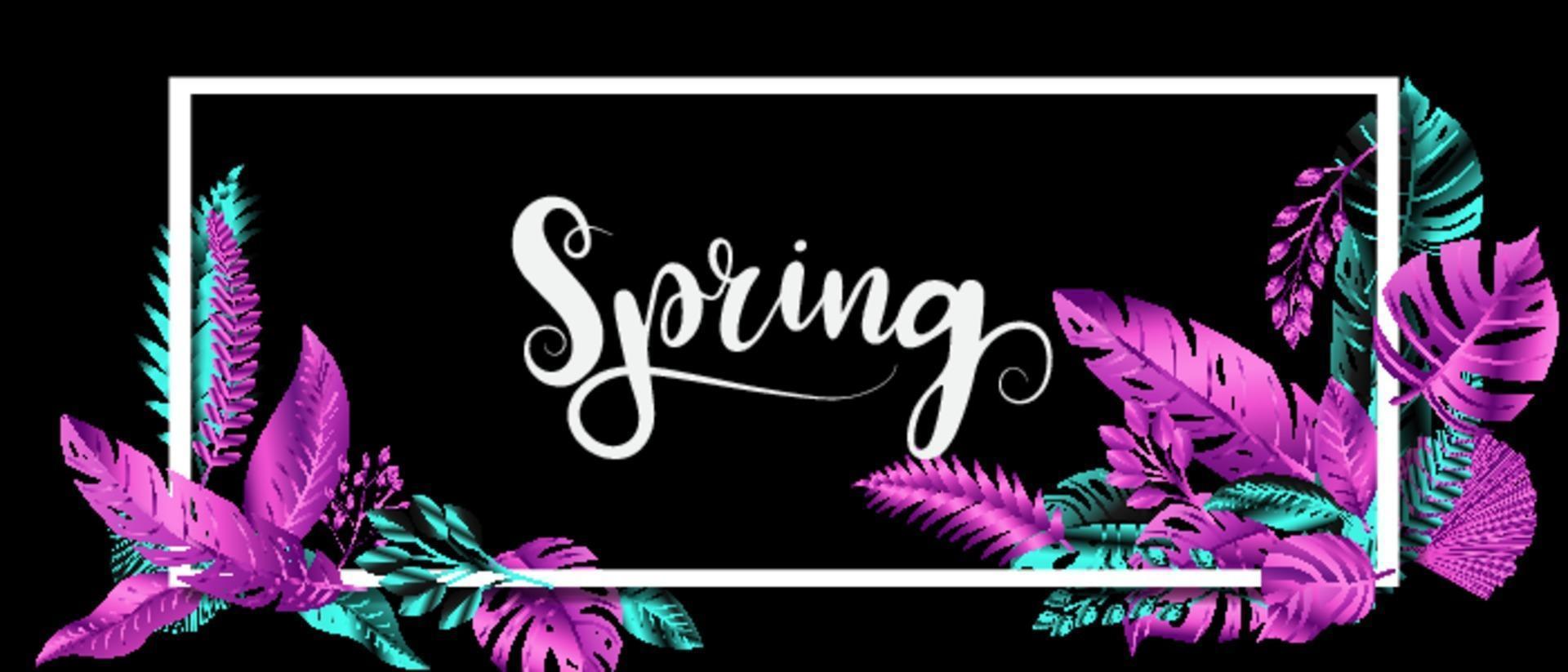 Vector leaves Chrome color blue and pink frame Design banner Spring background. Vector illustration template.