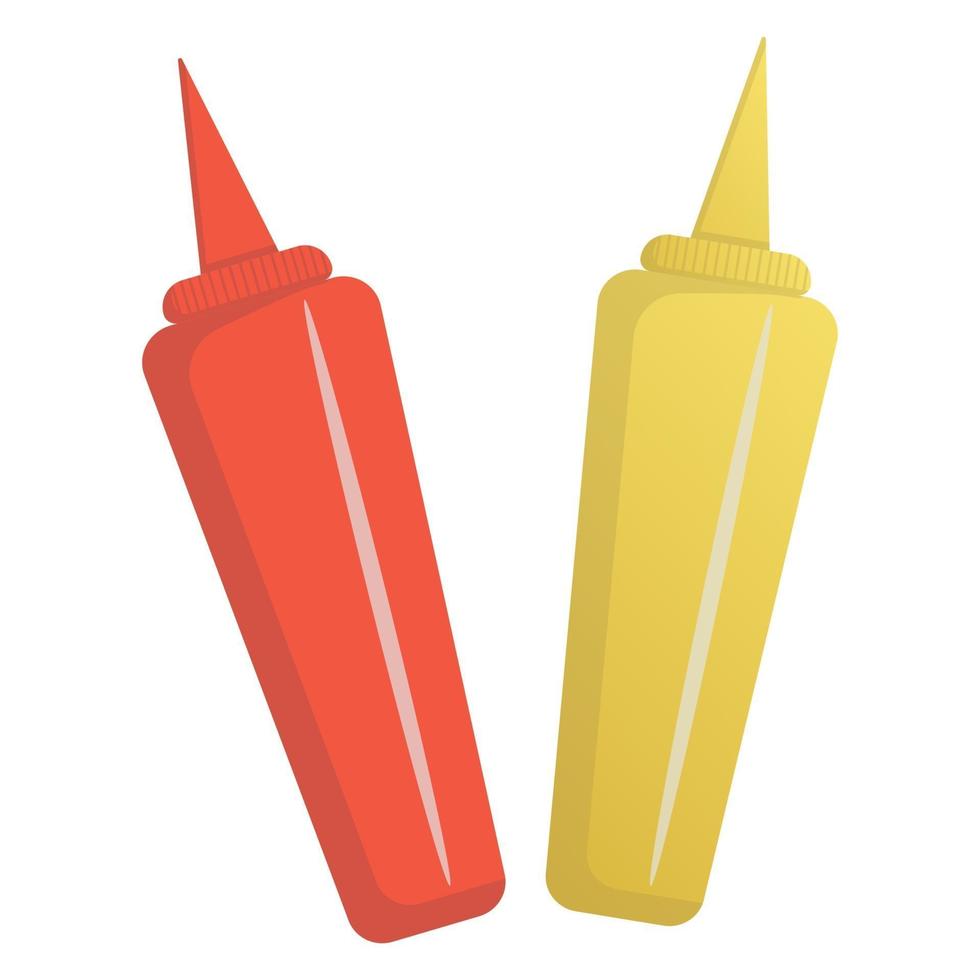 Ketchup and mustard. Ketchup and mustard in a bottle. Hot dog sauce. Fast food. Food. Unhealthy food. Cartoon style. vector