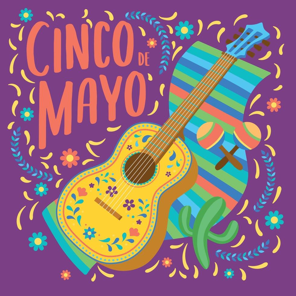 guitarra decorada con un poncho cartel del cinco de mayo vector