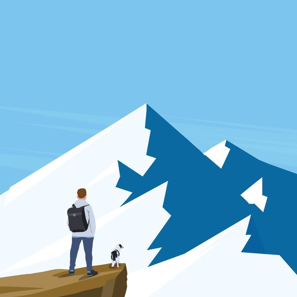 Explore Mountain, Man Standing on Cliff with Dog Illustration vector