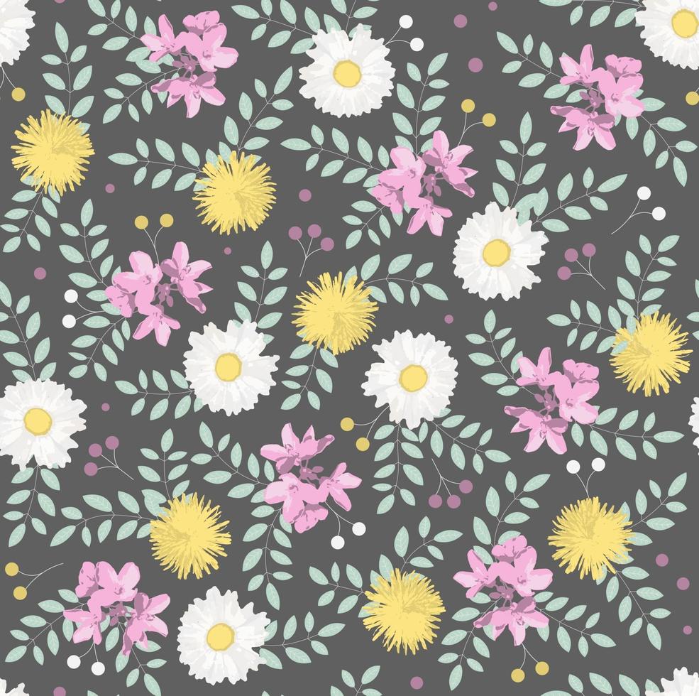 Botanical seamless pattern with white camomiles, yellow dandelions, pink flowers and green leaves on dark background.. Perfect for wallpaper, background, textile or wrapping paper. vector