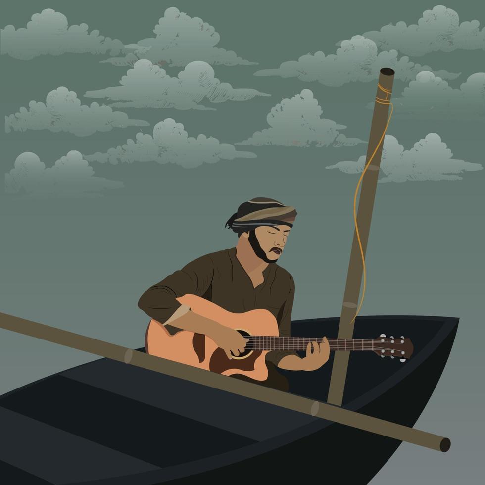 Person playing music in a boat on a river vector