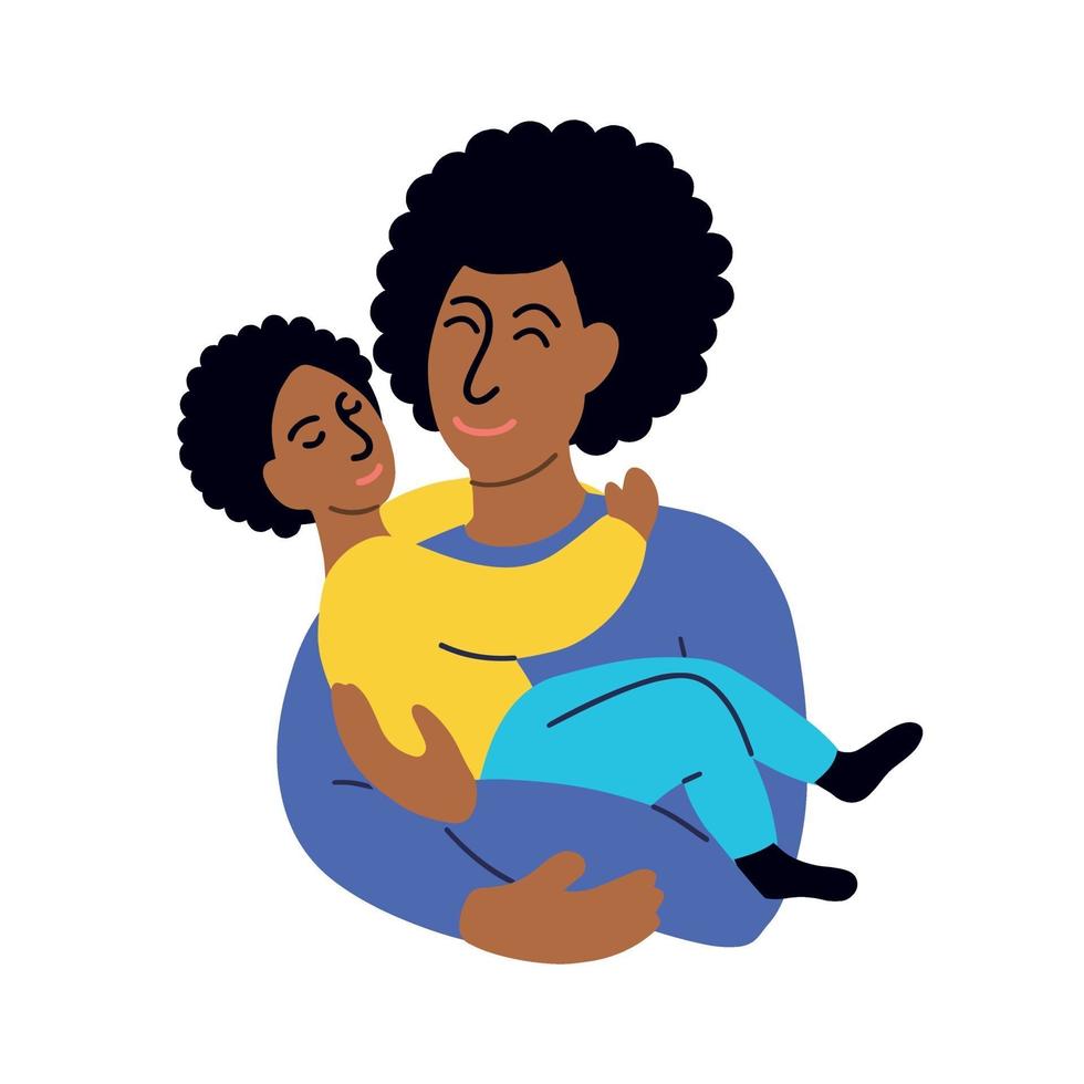 African American father hugs son. Father's Day concept. Cartoon vector illustration.