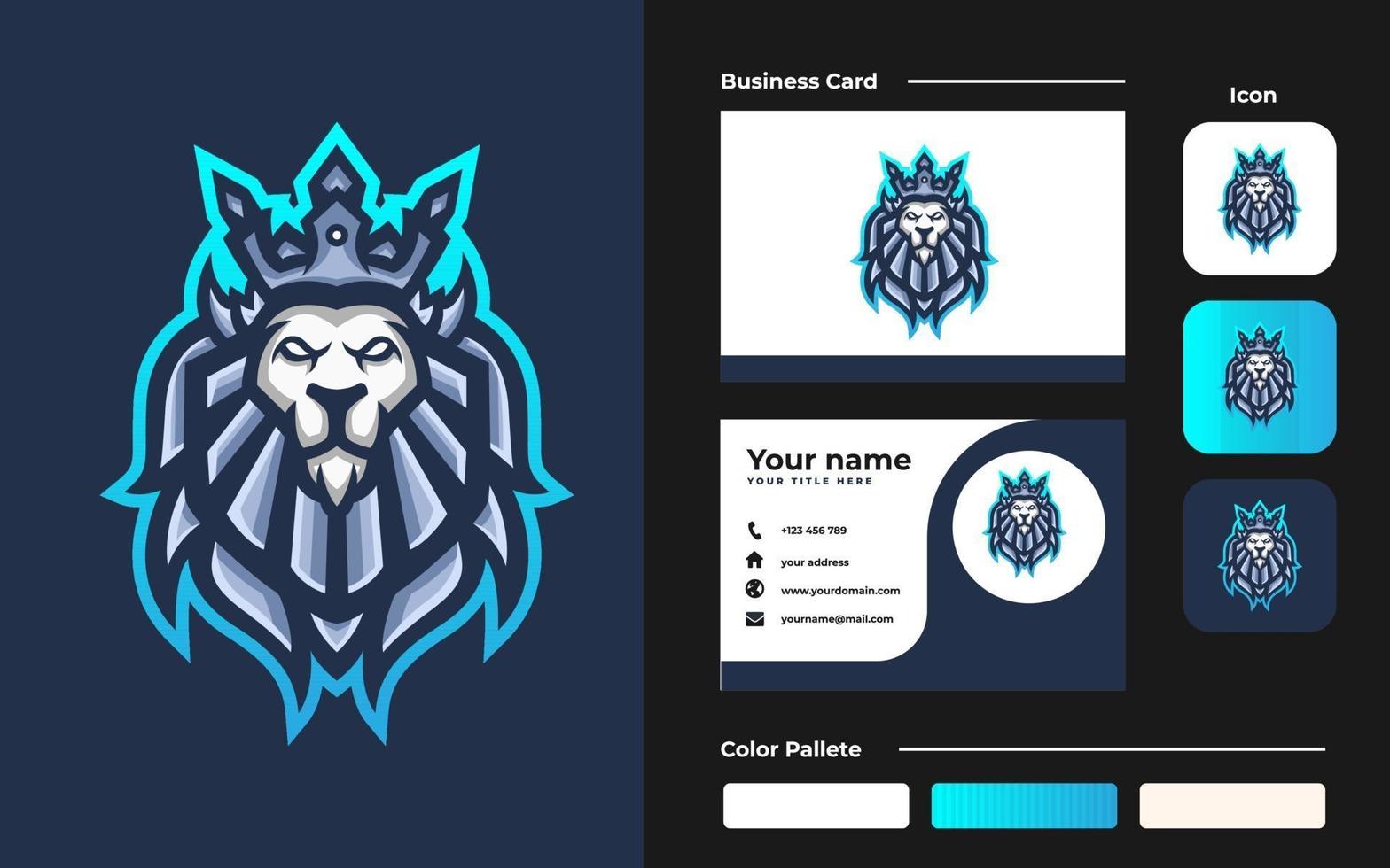 logotipo de la mascota del juego lion king esport y plantilla de tarjeta de visita para el equipo de streamer vector