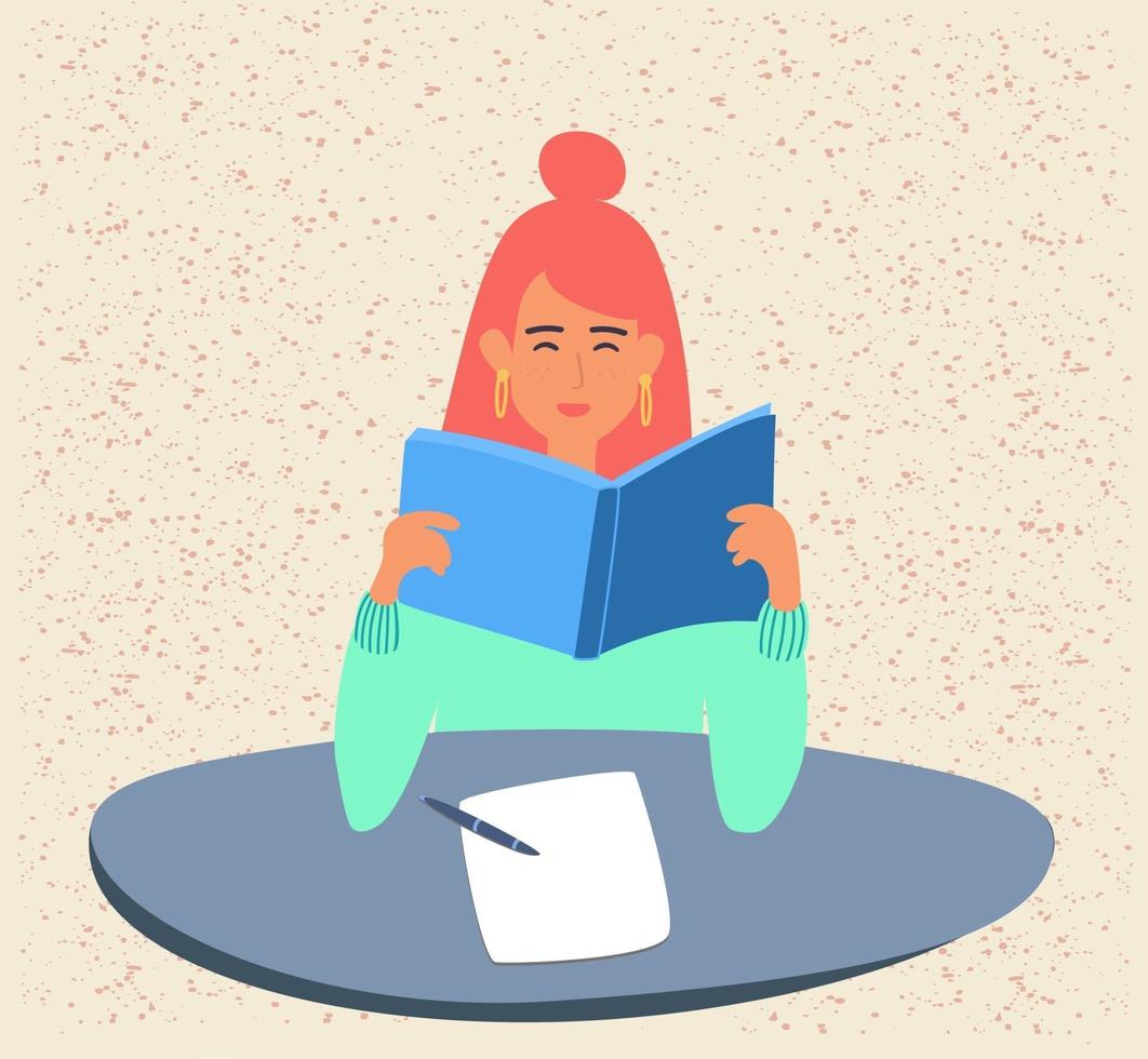 A student is reading a book, preparing for exams or a school test at the University.A young girl is holding a textbook. A teenager is studying a textbook. flat illustration in cartoon style. Vector