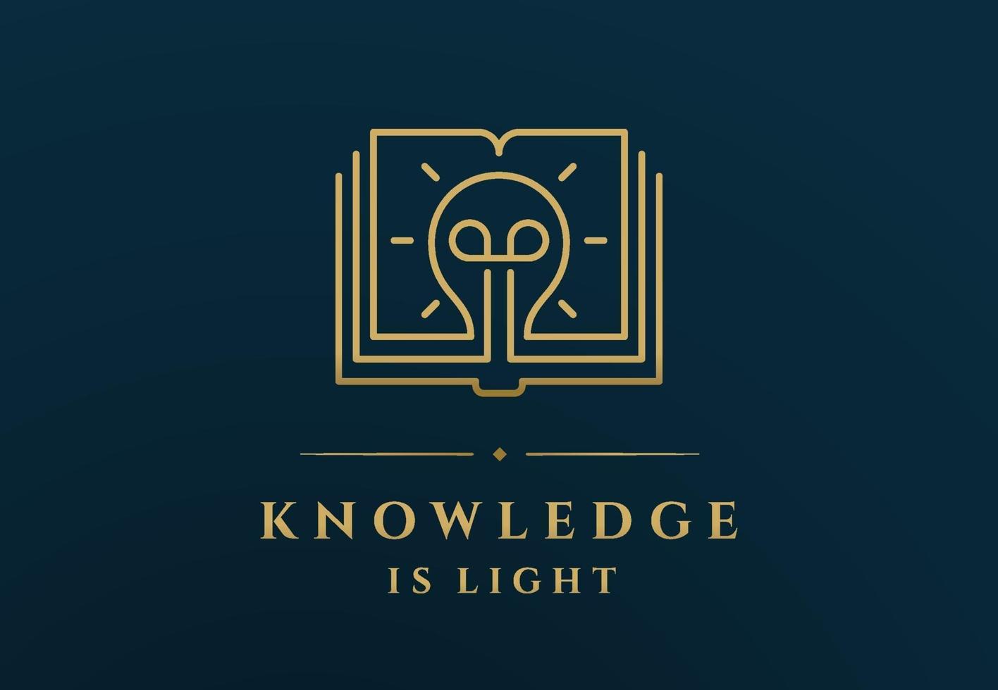 Linear golden book with light bulb depicted over Knowledge Is Light inscription vector