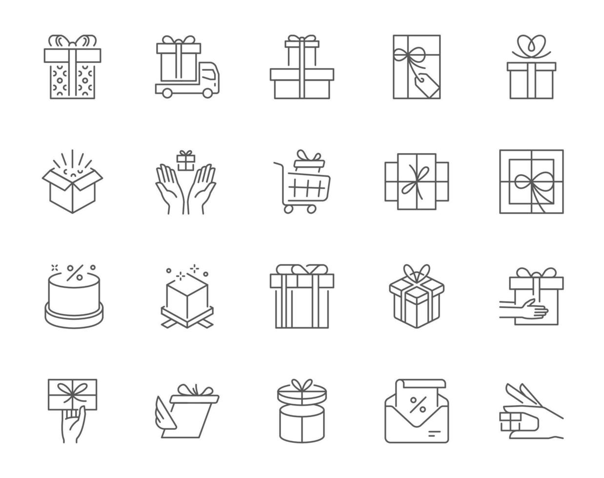 Collection of line art vector elements of different types of present boxes and gifts
