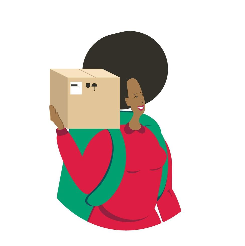 A young black female character holding a cardboard box, delivery service, courier vector