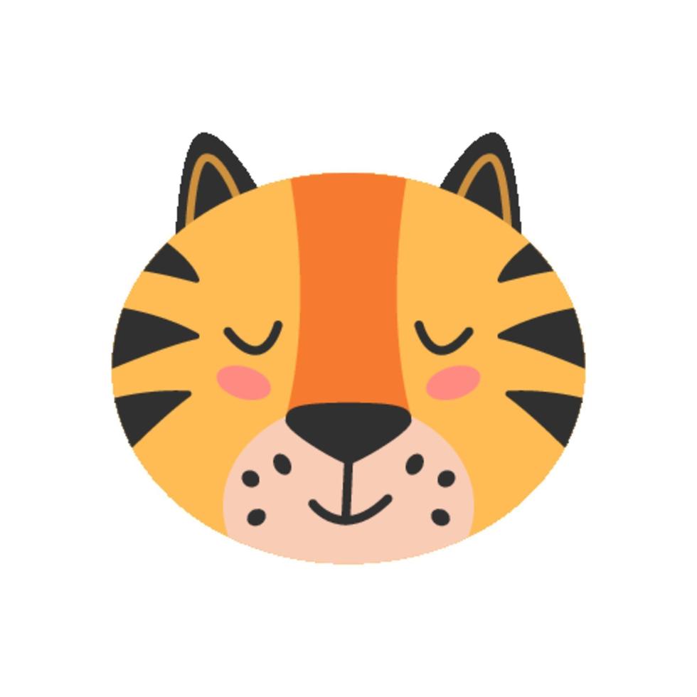 Vector illustration of cute little cartoon tiger head with eyes closed isolated on white background