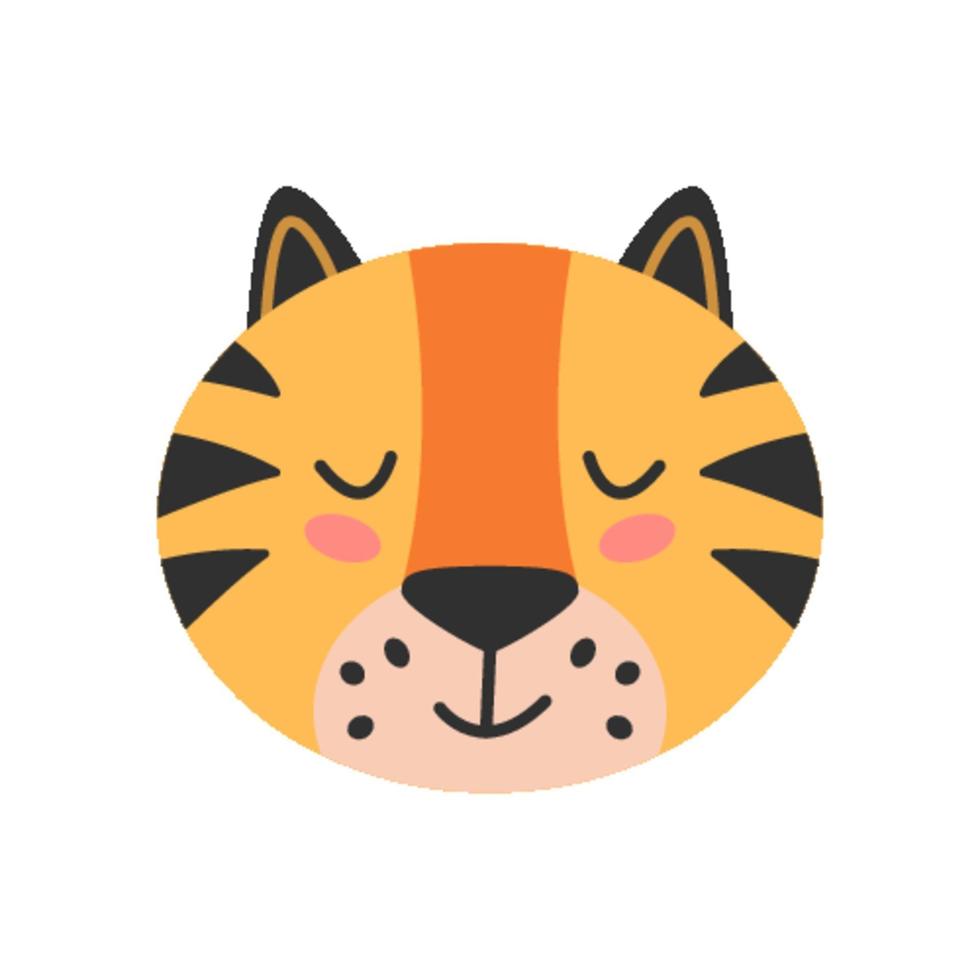 Vector illustration of cute little cartoon tiger head with eyes closed isolated on white background