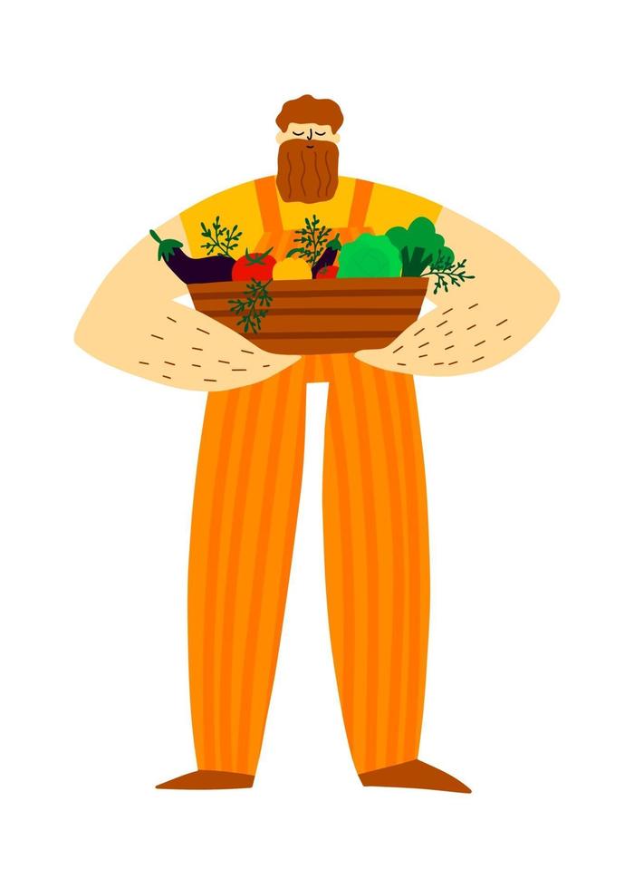 Farmer man with fresh vegetables basket vector
