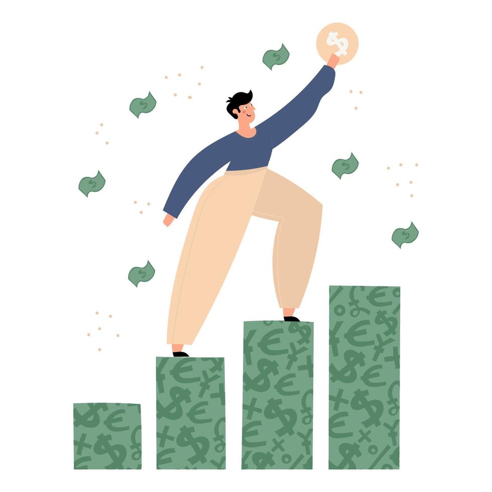 hombre feliz subiendo en dinero gráfico ilustración vector