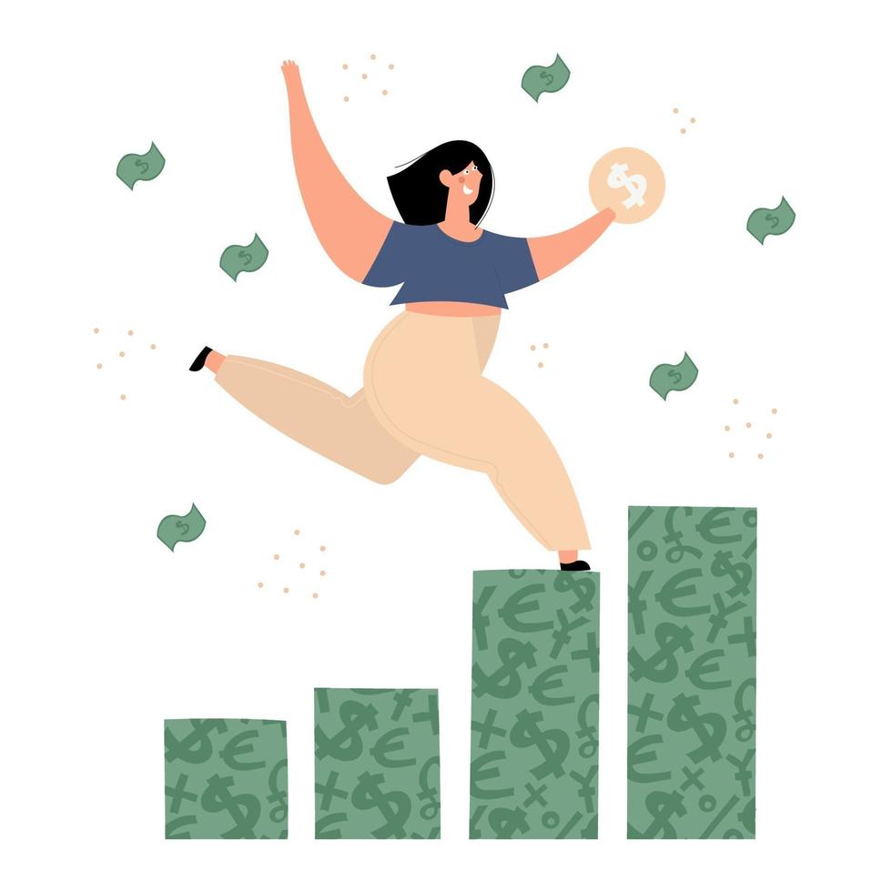 Happy Woman climbing on money graph illustration vector